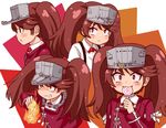  :&lt; :3 bangs blush brown_hair candy clenched_teeth closed_mouth collared_shirt commentary_request dot_nose eyebrows_visible_through_hair eyelashes eyes_visible_through_hair fire food hand_up holding_lollipop japanese_clothes kantai_collection kariginu kikumon lollipop long_hair long_sleeves looking_at_viewer magatama magatama_necklace multiple_persona orange_eyes parted_bangs pyrokinesis raised_eyebrows ribbon ribbon-trimmed_clothes ribbon_trim rigging ryuujou_(kantai_collection) shirt short_eyebrows simple_background sleeves_folded_up suspenders swept_bangs swirl_lollipop tassel teeth thick_eyebrows translation_request twintails visor_cap white_background white_ribbon white_shirt wide-eyed wing_collar yukinojou_yakan 