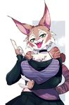  2017 anthro big_breasts big_ears blush breasts chest_tuft choker clothed clothing fangs feline female fur green_eyes half-closed_eyes looking_at_viewer lynx mammal open_mouth sakurai skirt solo striped_fur stripes teeth tongue tongue_out tuft zeha 