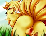  2018 anthro blush breasts butt digital_media_(artwork) female fur inuki looking_back multi_tail ninetales nintendo nipples nude pok&eacute;mon pok&eacute;mon_(species) pok&eacute;morph pussy red_eyes solo video_games yellow_fur 