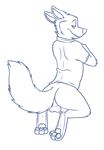  3_toes anthro arched_back backsack balls bottomless butt canine cheek_tuft clothed clothing disney dress_shirt ears_back elbow_tufts fox full-length_portrait greyscale half-closed_eyes hindpaw knee_tuft kneeling looking_at_viewer looking_back male mammal monochrome neck_tuft necktie nick_wilde paws portrait rotten_robbie shirt simple_background solo toes tuft undressing white_background zootopia 