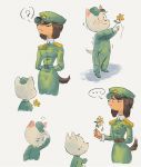  ... 2019 4_fingers 5_fingers ? anthro belt brown_hair brown_tail canine colo dog female flower fur hair hat hi_res larger_female male mammal military plant simple_background size_difference smaller_male speech_bubble tan_fur white_background white_fur 