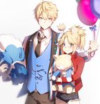  1girl alternate_costume arthur_pendragon_(fate) balloon black_neckwear blonde_hair blue_eyes blush closed_mouth commentary doll doll_hug fate/apocrypha fate/grand_order fate/prototype fate_(series) father_and_daughter hair_between_eyes holding hug long_sleeves looking_at_viewer mordred_(fate) mordred_(fate)_(all) myo_ne smile stuffed_animal stuffed_toy 