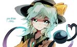  artist_name asuku_(69-1-31) bangs black_hat blush bowler_hat closed_mouth collared_shirt diamond_(shape) eyeball eyebrows frilled_shirt_collar frills green_eyes green_hair hair_between_eyes hat hat_ribbon heart heart_of_string highres komeiji_koishi long_hair looking_away looking_to_the_side orange_shirt pixiv_id ribbon shirt simple_background smile solo third_eye touhou upper_body white_background yellow_ribbon 