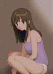  bangs between_legs blunt_bangs breasts brown_eyes brown_hair camisole cleavage closed_mouth commentary_request feet_out_of_frame from_side hand_between_legs kawai_makoto long_hair looking_at_viewer medium_breasts original panties signature smile solo squatting underwear white_panties 