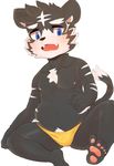  5_fingers anthro black_fur blue_eyes blush cat child clothing cub cute_fangs feline fur mammal nipples open_mouth pawpads simple_background slightly_chubby speedo spread_legs spreading swimsuit whiskers woong young 