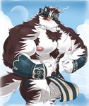 2017 anthro biceps big_muscles canine demondragoncyan housamo humanoid_penis kamui male mammal muscular muscular_male nipples pecs penis simple_background solo tokyo_afterschool_summoners 