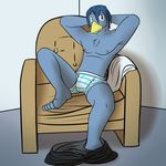  avian barefoot bird bluebird clothed clothing fuze josh_oliver male nipples sitting sofa striped_underwear texnatsu topless underwear 