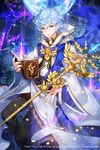  apple_caramel artist_name blue_hair book cape company_name constellation crystal earrings green_eyes gyakushuu_no_fantasica jewelry male_focus moon official_art solo sparkle staff 