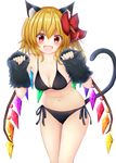  absurdres animal_ears arm_warmers bangs bare_shoulders bikini black_bikini blonde_hair bow breasts cat_ears cat_tail cleavage cowboy_shot fang flandre_scarlet fur hair_bow hands_up highres kemonomimi_mode leaning_forward looking_at_viewer medium_breasts navel open_mouth red_bow red_eyes side-tie_bikini smile solo suigetsu_(watermoon-910) swimsuit tail touhou 