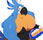  2018 amber_eyes anthro avian beak bedroom_eyes blue_feathers blush breath_of_the_wild feathers half-closed_eyes hi_res kass_(zelda) looking_at_viewer male muscular muscular_male nintendo nipples playboy_bunny rito seductive simple_background solo sssonic2 sweat sweatdrop the_legend_of_zelda video_games white_background 
