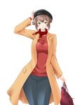  alternate_costume bag bangs beret black_hat blue_pants breasts brown_hair denim flipped_hair green_eyes hand_on_own_head handbag hat highres jacket kantai_collection kiriki_haruomi large_breasts long_sleeves looking_at_viewer mutsu_(kantai_collection) neckerchief pants red_neckwear red_sweater ribbed_sweater short_hair smile solo sweater transparent_background upper_body yellow_jacket 