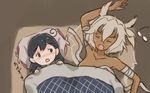  ahoge bed bed_sheet blanket breasts budget_sarashi closed_eyes commentary dark_skin futon kantai_collection large_breasts long_hair lying multiple_girls musashi_(kantai_collection) otoufu pillow pointy_hair sarashi sleeping translated two_side_up under_covers ushio_(kantai_collection) 