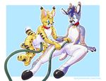  anthro antlers blonde_hair blue_eyes blue_hair blue_skin cervine collar deer deflation duo featureless_crotch feline hair horn hose jaiy living_inflatable lynx male mammal nozzle nude rem rubber sitting smile spots stripes white_skin yellow_skin 