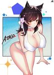  1girl animal_ears atago_(azur_lane) azur_lane beach bikini breast_hold breasts brown_eyes brown_hair choker collarbone cross_section erect_nipples female flower fox_ears hair_ornament highres large_breasts leaning_forward long_hair mitsu_(pixiv6730374) mole ocean orange_eyes solo standing summer swimsuit white_bikini white_swimsuit 