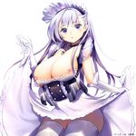  1girl :o azur_lane belfast_(azur_lane) breasts chains chi_guang cleavage collar curvy female gloves hair_ornament large_breasts long_skirt looking_at_viewer maid maid_headdress nipple_slip nipples purple_eyes silver_hair simple_background skirt skirt_lift small_nipples solo standing thighhighs thighs white_background white_gloves white_legwear 