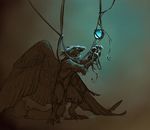  2011 ambiguous_gender anthro avian beak bound claws concerned feathered_wings feathers glowing glowing_eyes gradient_background gryphon novawuff orb restricted_palette rope simple_background solo spread_wings vines wings worried 