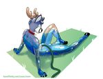  anthro antlers blue_eyes blue_hair blue_skin cervine collar deer featureless_crotch grass hair hooves horn hose inflation jaiy living_inflatable male mammal nozzle nude rem simple_background sitting solo translucent water_inflation white_skin 