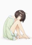  bare_legs barefoot blush brown_hair closed_mouth commentary_request copyright_request full_body grey_background head_on_knees kawai_makoto long_sleeves looking_at_viewer purple_eyes short_hair signature simple_background sitting sleeves_past_wrists solo 