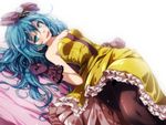  :d aqua_eyes bed_sheet black_legwear blue_hair bow breasts brown_bow brown_gloves dress eyebrows_visible_through_hair frilled_dress frills gloves hair_between_eyes hair_bow hatsune_miku highres kochira_koufuku_anshin_iinkai_desu_(vocaloid) long_dress long_hair looking_at_viewer lying on_back open_mouth pantyhose project_diva_(series) simple_background sleeveless sleeveless_dress small_breasts smile solo strapless strapless_dress tsukishiro_saika vocaloid white_background yellow_dress 