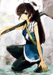  1girl artist_request bandolier bangs bow brown_eyes brown_hair full_body highres japanese_clothes kimono kneeling kuonji_ukyou long_hair looking_at_viewer ranma_1/2 spatula squat stockings very_long_hair watercolor 