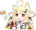  ahoge animal_ears arm_support azur_lane bag_of_chips bailingxiao_jiu bangs bare_shoulders blonde_hair brown_eyes candy carton cat_ears chibi chips commentary_request cup detached_sleeves dress drinking_glass eldridge_(azur_lane) electricity eyebrows_visible_through_hair fang food food_on_face full_body fur_trim hair_ornament hamburger heart heart-shaped_pupils heart_ahoge holding juice juice_box lollipop long_hair long_sleeves open_mouth potato_chips puffy_long_sleeves puffy_sleeves simple_background sitting soda_bottle solo symbol-shaped_pupils thighhighs torpedo twintails very_long_hair white_background white_dress white_legwear 