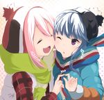  :d ;o bad_id bad_pixiv_id beanie blue_hair blush cheek-to-cheek closed_eyes coat dated eyebrows_visible_through_hair fingers_together hat kagamihara_nadeshiko long_hair long_sleeves multiple_girls one_eye_closed open_mouth pink_hair purple_eyes scarf shima_rin signature smile striped striped_scarf translation_request upper_body vyo yurucamp 