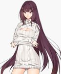  breasts cleavage commentary_request crossed_arms dress fate/grand_order fate_(series) large_breasts long_hair meme_attire open-chest_sweater purple_hair red_eyes ribbed_sweater scathach_(fate)_(all) scathach_(fate/grand_order) sino42 solo sweater sweater_dress very_long_hair 