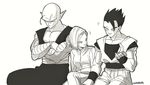  1girl 2boys android_18 artist_name bare_chest black_eyes black_hair commentary_request crossed_arms dougi dragon_ball dragon_ball_super dragon_ball_z frown greyscale looking_at_another looking_away monochrome multiple_boys open_mouth piccolo pointy_ears serious short_hair simple_background sitting sleeveless smile son_gohan sportswear tama_azusa_hatsu twitter_username white_background wristband 