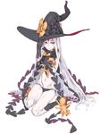  abigail_williams_(fate/grand_order) black_gloves fate/grand_order fate_(series) gloves haimura_kiyotaka hat long_hair looking_at_viewer navel pale_skin red_eyes sitting solo stuffed_animal stuffed_toy teddy_bear very_long_hair wariza white_hair witch_hat 