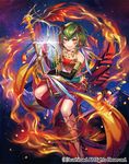  cardfight!!_vanguard company_name dragon_dancer_tara facial_mark fangs feathers fire green_hair harp horns instrument jewelry matsurika_youko midriff necklace official_art sandals sitting solo yellow_eyes 