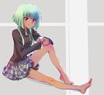  bare_legs barefoot commentary_request dark_skin emerald_sustrai green_hair grey_background hand_on_own_knee iesupa legs looking_at_viewer red_eyes rwby school_uniform short_hair short_hair_with_long_locks sidelocks simple_background sitting smile solo 