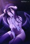  absurdres ahoge albedo bed_sheet black_hair black_wings breasts convenient_arm demon_girl demon_horns feathers gloves hair_between_eyes highres horns jewelry large_breasts long_hair looking_at_viewer magazine_scan megami morishita_yuuki navel nude official_art on_bed overlord_(maruyama) purple purple_legwear ring scan shiny shiny_skin sitting slit_pupils smile solo thighhighs very_long_hair wariza white_gloves wings yellow_eyes 