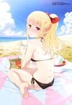  absurdres back barefoot beach beach_towel bikini black_bikini blonde_hair blush bow butt_crack chopsticks cloud cloudy_sky day feet hair_bow hat highres instant_ramen koizumi_(ramen_daisuki_koizumi-san) looking_at_viewer looking_back megami nail_polish official_art outdoors ozeki_miyabi parted_lips ponytail print_towel ramen_daisuki_koizumi-san red_bow side-tie_bikini sitting sky soles solo sun_hat swimsuit towel wariza white_hat yellow_nails 