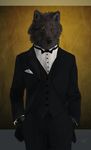  2011 abstract_background anthro black_fur black_nose bow_tie canine clothed clothing front_view fully_clothed fur hands_in_pockets jacket looking_at_viewer male mammal novawuff pants shirt simple_background solo standing suit textured_background vest wolf yellow_eyes 