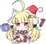  ahoge animal_ears azur_lane bailingxiao_jiu bangs belt black_panties blonde_hair blush box brown_eyes cat_ears cat_girl cat_tail chibi commentary_request eldridge_(azur_lane) eyebrows_visible_through_hair full_body fur-trimmed_boots fur-trimmed_mittens fur_trim gift gift_box gift_wrapping green_belt hair_ornament hairclip hat heart heart-shaped_pupils kemonomimi_mode kneehighs long_hair looking_at_viewer mittens panties parted_lips red_footwear red_hat red_mittens red_shirt red_skirt santa_hat shirt sidelocks simple_background skirt solo symbol-shaped_pupils tail torpedo twintails underwear very_long_hair white_background white_legwear 