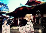  ayase_eli bangs blonde_hair blue_eyes blue_hair commentary_request hair_between_eyes highres holding holding_sword holding_weapon japanese_clothes katana long_hair looking_at_another love_live! love_live!_school_idol_project miko multiple_girls outdoors photo_background sheath shinto shrine sonoda_umi suito sword weapon wide_sleeves 