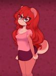  big_butt blue_eyes breasts butt chipmunk clothed clothing eyewear female fully_clothed fur glasses hair jam_(miu) mammal miu pink_fur red_fur red_hair rodent small_breasts smile underwear 