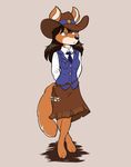  2015 3_toes aikon audrey_claymore badge barefoot black_hair black_nose bola brown_eyes canine clothing coyote crimestrikers female fur hair hat mammal necktie sheriff skirt solo tan_fur toes vest 