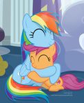 2018 cloud cub curtains cute cutie_mark duo embrace equine eyelashes eyes_closed feathered_wings feathers female feral friendship_is_magic full-length_portrait glass hair hi_res hug inside mammal multicolored_hair my_little_pony nude pegasus portrait purple_hair rainbow_dash_(mlp) rainbow_hair scootaloo_(mlp) shadow short_hair shutterflyeqd signature sitting smile sofa table text wings young 