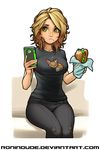  blonde_hair breasts casual cellphone commentary denim food food_on_face frown green_eyes highres holding holding_phone jeans looking_at_phone medium_breasts medium_hair messy_hair pants phone real_life real_life_insert ronindude sandwich shirt sitting solo t-shirt torn_clothes torn_jeans torn_pants 