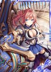  akkijin armor blue_eyes blue_sky breasts card_(medium) frilled_skirt frills hair_ornament indoors large_breasts looking_at_viewer official_art pink_hair serious shield shinkai_no_valkyrie skirt sky solo sunlight sword temple thighhighs weapon 