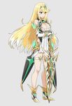  armor blonde_hair breasts cleavage dress gloves highres hikari_(xenoblade_2) large_breasts long_hair looking_at_viewer shin_ala smile solo sword weapon white_background xenoblade_(series) xenoblade_2 yellow_eyes 