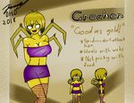  2018 anthro arachnid arthropod big_breasts breasts clothed clothing dementedhd don&#039;t_starve don&#039;t_starve_together fan_character female hands_behind_back humanoid miniskirt multi_leg multi_limb navel sharp_teeth signature skirt smile solo spider standing teeth 