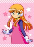  1girl alouette_(rockman_zero) android bangs blue_eyes bodystocking capcom child fringe gloves highres long_hair looking_to_the_side patterned_background polka_dot_background rockman rockman_zero smile solo star turning turning_head white_gloves 