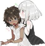  :o albino bare_shoulders black_eyes black_shirt blush bracelet brown_hair commentary_request dark_skin ear_licking highres interracial jewelry licking looking_at_viewer multiple_girls ohisashiburi open_mouth original red_eyes shirt short_hair silver_hair simple_background sleeveless sleeveless_shirt surprised translated white_background white_shirt wide-eyed yuri 