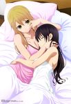  absurdres aihara_mei aihara_yuzu bed black_hair blonde_hair blue_pillow breasts citrus_(saburouta) cleavage closed_eyes hand_on_another's_neck hand_on_own_cheek hanzawa_jun highres indoors large_breasts long_hair looking_at_another megami multiple_girls nightgown official_art parted_lips pillow pink_pillow shoulder_blades sleeping smile yuri 