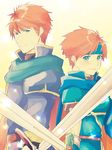  armor blue_armor blue_eyes blue_hair cape eliwood_(fire_emblem) father_and_son fire_emblem fire_emblem:_fuuin_no_tsurugi fire_emblem:_rekka_no_ken fire_emblem_heroes headband highres looking_at_viewer male_focus multiple_boys nishimura_(nianiamu) red_hair roy_(fire_emblem) smile sword weapon 