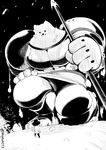  :3 batsu commentary_request dog frisk_(undertale) giant greater_dog greyscale height_difference holding holding_knife holding_weapon knife lance long_sleeves looking_at_another looking_down monochrome one_knee polearm shorts size_difference snow snowing standing twitter_username undertale weapon 