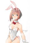  animal_ears ark_royal_(kantai_collection) bangs blue_eyes blunt_bangs bob_cut bow bowtie breasts bunny_ears bunny_tail bunnysuit cleavage covered_navel cowboy_shot detached_collar flower gloves hairband kantai_collection leotard raymie0124 red_hair red_neckwear rose short_hair simple_background small_breasts solo strapless strapless_leotard tail tiara twitter_username white_background white_gloves white_leotard 