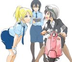  ayase_eli bangs black_hair black_legwear blonde_hair blue_eyes blue_hair commentary_request formal gloves goggles ground_vehicle hair_between_eyes helmet long_hair looking_at_another love_live! love_live!_school_idol_project motor_vehicle motorcycle multiple_girls necktie open_mouth pantyhose pencil_skirt police police_uniform policewoman ponytail red_eyes riding scrunchie simple_background sitting skirt sonoda_umi standing suit tetopetesone uniform white_background white_gloves white_scrunchie yazawa_nico 